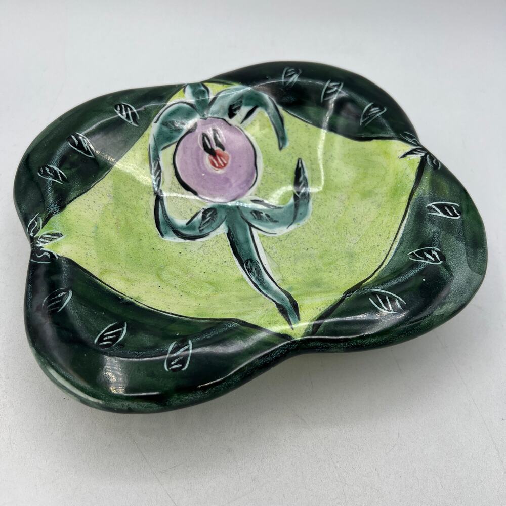 Posey Bacopoulos Pottery Majolica Square Bowl Candy Console Dish Green Pink 7"